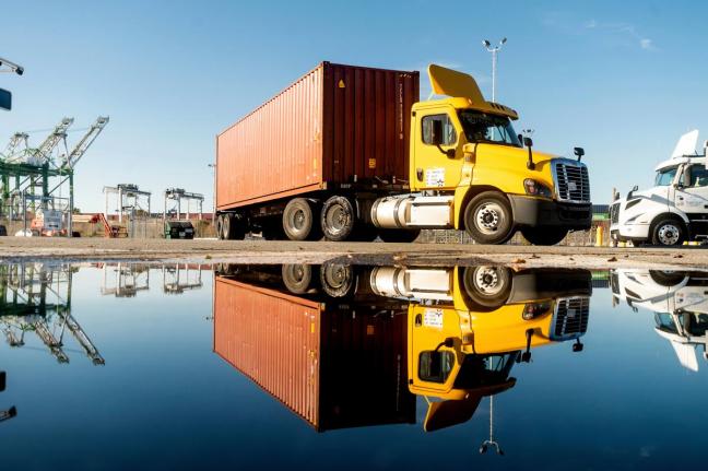 A truck departs from a Port of Oakland shipping terminal on November 10, 2021 in Oakland, California. AP