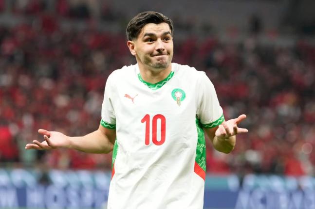 Morocco’s Brahim Díaz celebrates after scoring his side’s opening goal during the Africa Cup of Nations quarterfinal  match between Cameroon and Morocco, in Rabat, Morocco yesterday.