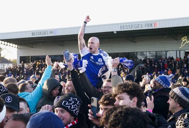 Macclesfield Town's Josh Kay celebrates with fans following the FA Cup third round football match between Macclesfield Town and Crystal Palace, at the Leasing.com Stadium, Macclesfield, England on January 10, 2026. 