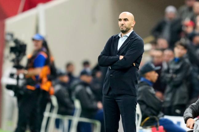 Morocco’s head coach Walid Regragui observes during the Africa Cup of Nations quarterfinal football match against Cameroon in Rabat, Morocco on Friday.