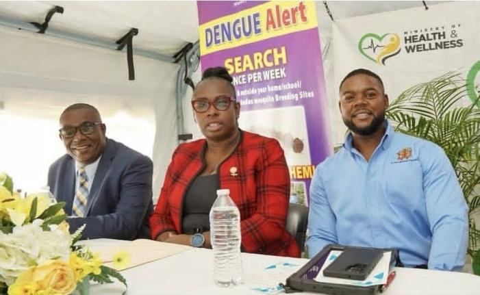 Mayor of Montego Bay, Councillor Richard Vernon (right), along with St James Health Department Parish Manager, Lennox Wallace; and Medical Officer of Health, Dr Tanique Bailey-Small, participate in the recent St James Health Department Vector Control Progr