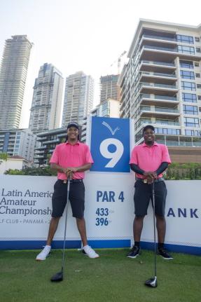 Jamaica’s Zandra Roye (left) and O’shae Haye pose on the No. 9 tee during a practice round ahead of the 2024 Latin America Amateur Championship at the Santa María Golf Club in Panamá on January 17 of that year.
