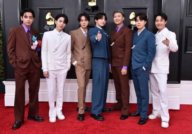  Korean group BTS appears at the 64th Annual Grammy Awards in Las Vegas on April 3, 2022. 