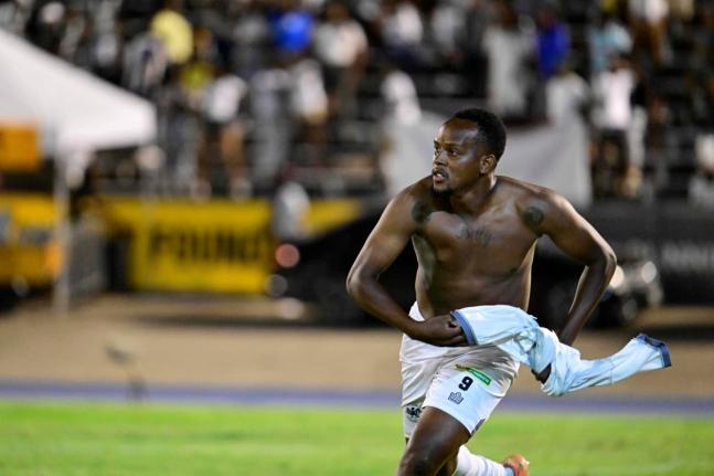 Nicholas Hamilton celebrates scoring the winning penalty in the Jamaica Premier League final for Cavalier against Mount Pleasant Football Academy on May 19, 2024 at the National Stadium in Kingston.