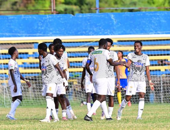 
Cavalier’s Christopher Ainsworth (right) celebrates with teammates during a Jamaica Premier League (JPL) fixture against Harbour View at The Compound on December 28, 2025. 