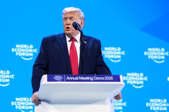 United States President Donald Trump addresses the audience during the Annual Meeting of the World Economic Forum in Davos, Switzerland on January 22, 2026. 