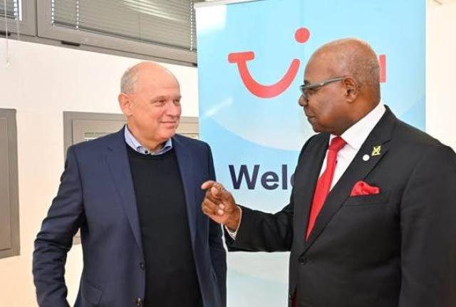 Minister of Tourism, Edmund Bartlett, in discussion with Sebastian Ebel, CEO of TUI Group, at a meeting at FITUR in Spain on Thursday January 22,2026.