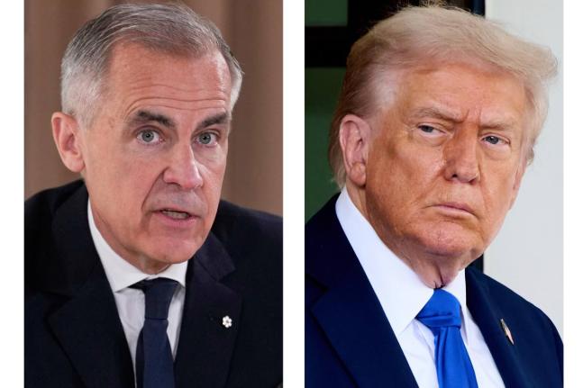 This combination of images shows Canada's Prime Minister Mark Carney on June 16, 2025, in Kananaskis, Canada, left, and United States President Donald Trump on October 7, 2025, in Washington. 