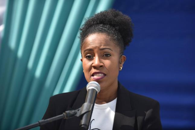 Andrea Dempster-Chung-Executive Director, Kingston Creative, giving an overview of the Paint the City Project at the Paint the City Mural Launch, held on  March 14, 2024 in Downtown, Kingston.