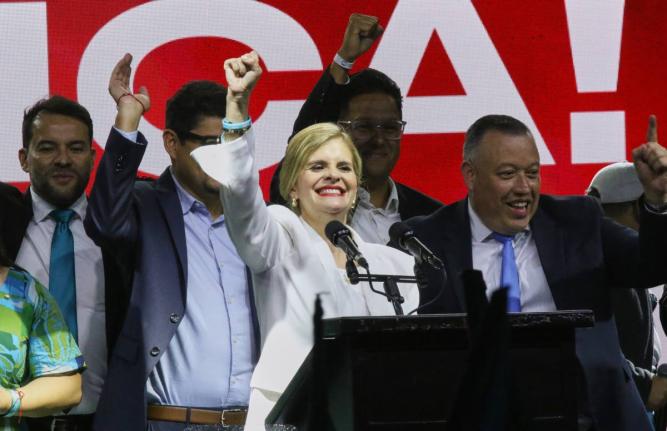 Presidential candidate Laura Fernández addresses supporters after polls closed in San Jose, Costa Rica on February 1, 2026. 