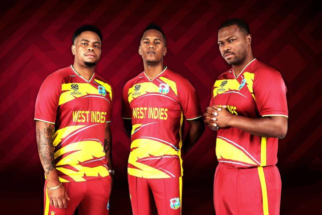 From left: Shimron Hetmyer, Akeal Hosein and Johson Charles modelling the newly-unveiled West Indies kits that will be worn at the ICC Man’s T20 World Cup 2026. 
