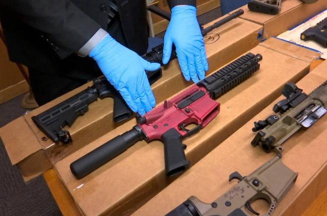Ghost guns are displayed at the headquarters of the San Francisco Police Department, in San Francisco, California.