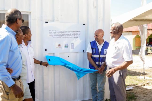(L-R) National Fisheries Authority CEO, Dr Gavin Bellamy; Claudene Ebanks, warden, Galleon Fishing Sanctuary; Minister of Agriculture, Fisheries and Mining, Floyd Green; UNDP Resident Representative Dr Kishan Khoday; Minister of State in the Ministry of