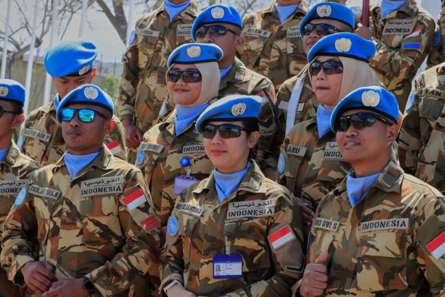 Indonesian UN peacekeepers attend a ceremony to mark the 47th anniversary of UNIFIL Establishment Day, at the United Nation Peacekeepers headquarters in the southern Lebanese town of Naqoura, Lebanon, in March. 