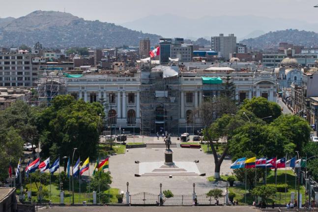 The Congress building stands the day before lawmakers debate the removal of the nation's president in Lima, Peru, Monday, February 16, 2026. (AP Photo/Guadalupe Pardo)