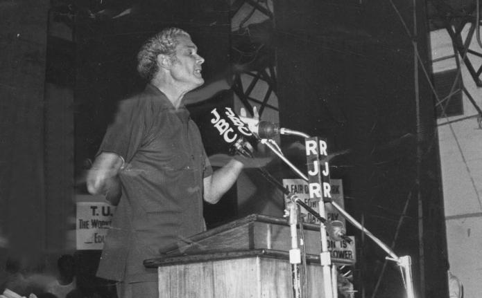 This 1972 photo shows then Prime Minister, Michael Manley addressing the Annual Conference of the Trades Union Congress at the Ward Theatre