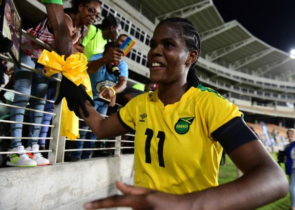 Captain Khadija Shaw greets fans during a Concacaf Women’s World Cup qualifier against the Dominican Republic at Sabina Park on Tuesday, April 12, 2022.