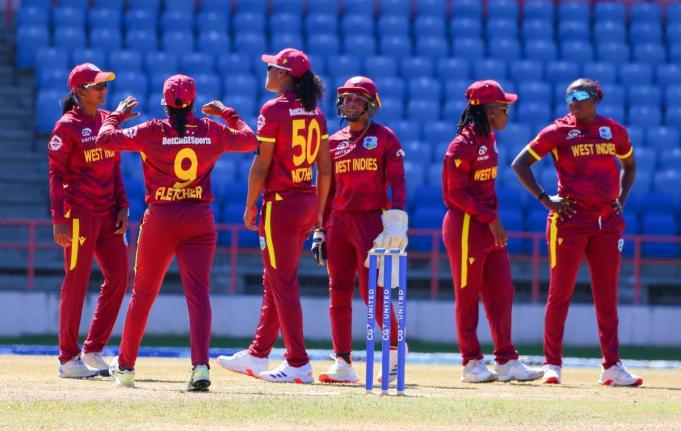 West Indies Women celebrate the fall of a Sri Lankan wicket during yesterday’s One Day International in Grenada. 