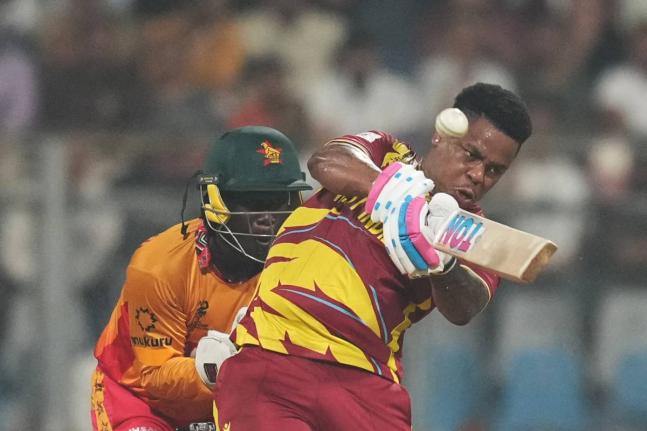 West Indies’ Shimron Hetmyer hits a six during the T20 World Cup cricket match against Zimbabwe in Mumbai, India, on Monday, February 23, 2026.
