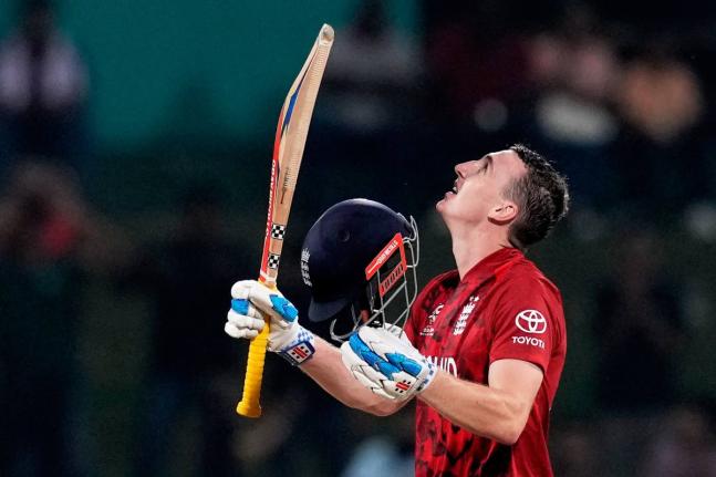 England’s captain Harry Brook celebrates scoring a century during the T20 World Cup cricket match against Pakistan in Pallekele, Sri Lanka yesterday.