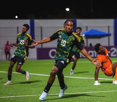 Jamaica’s Jabarie Howell celebrates scoring in the Concacaf Under-20 Qualifiers.