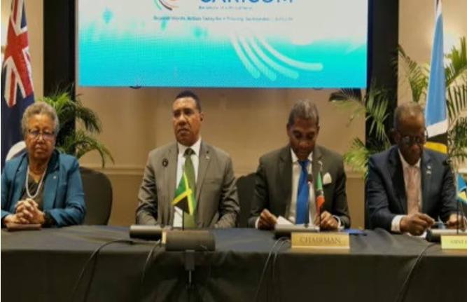 CARICOM Chairman and St Kitts and Nevis Prime Minister Dr. Terrance Drew, second from right, flanked by St Lucia’s Prime Minister Phillip J Pierre, Jamaica’s Prime Minister Dr Andrew Holness and CARICOM Secretary General Dr Carla Barnett at an end-out-