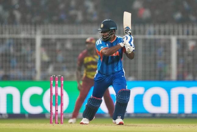 India’s Sanju Samson plays a shot during the T20 World Cup cricket match between India and West Indies in Kolkata, India yesterday.