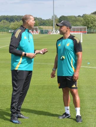 From left: Reggae Boyz head coach, Hubert Busby Jr, and his assistant Deon Burton during a training session.
