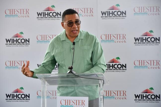 Prime Minister Dr Andrew Holness speaking at the launch of WIHCON’s Chester Creek housing development in Portmore, St Catherine on March 3, 2026.