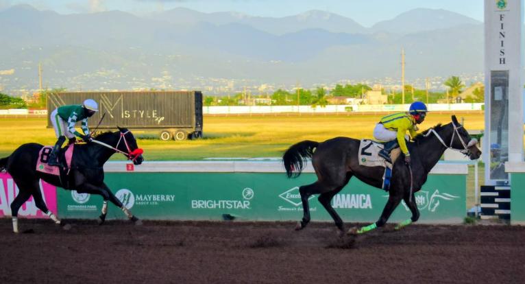 Anthony Minott/Freelance Photographer  
NEO STAR (right), ridden by Tajay Suckoo, wins the second running of the nine-furlongs-and 25-yard International Women’s Day Trophy ahead of  DON KWESI at Caymanas Park yesterday.