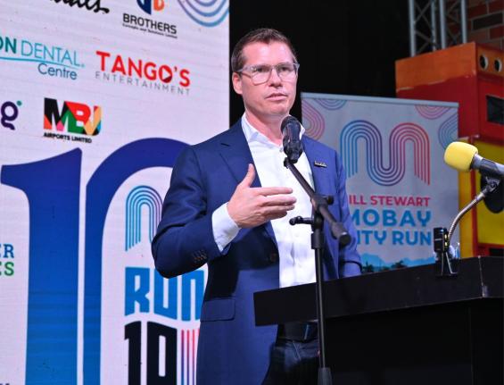 Adam Stewart, the chief executive officer of Sandals Resorts International, addressing the media launch of the Jill Stewart MoBay City Run’s [JSMCR] 10th annual staging, at the S Hotel in Montego Bay, St James on Tuesday.