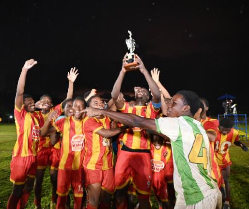 Cornwall College players celebrate winning the 2026 ISSA/Burger King rural Under-16 football title at St Elizabeth Technical High School on Thursday. Cornwall defeated Glenmuir High School 4-1.