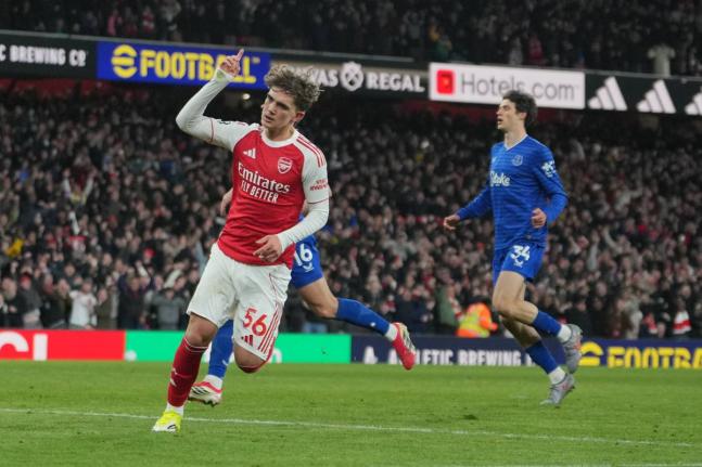 
Arsenal’s Max Dowman celebrates after scoring during the English Premier League football match against Everton in London, England, yesterday.