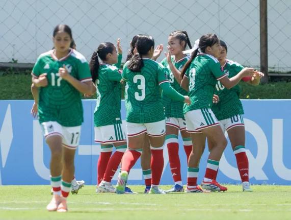 Mexico’s under-17 girls celebrate scoring a goal against Jamaica’s young Reggae Girlz in a the final round of Concacaf Women’s U17 Qualifiers at the Costa Rican Football Federation Field #2 in Alajuela, Costa Rica, yesterday.  