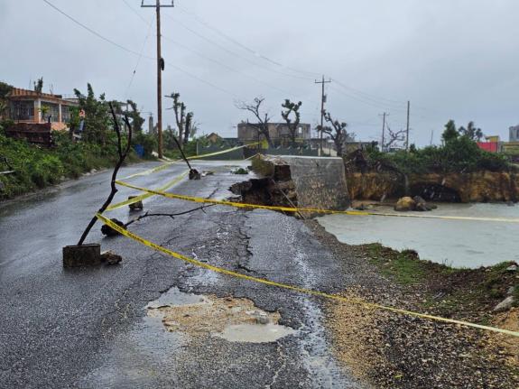 Caution tape erected along a section of the main road in Belmont, Westmoreland due to a breakaway.