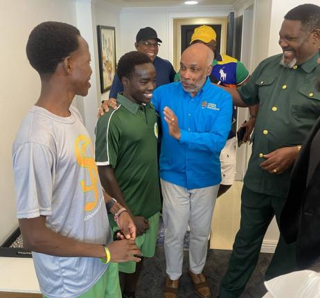 St Jago High’s Kenyan athletes Ryan Achau (left) and Methuselah Kimutai meet with Jamaica Olympic Association president Christopher Samuda (second right) and National Olympic Committee of Kenya president Shadrack Maluki (right) at The Jamaica Pegasus Hot